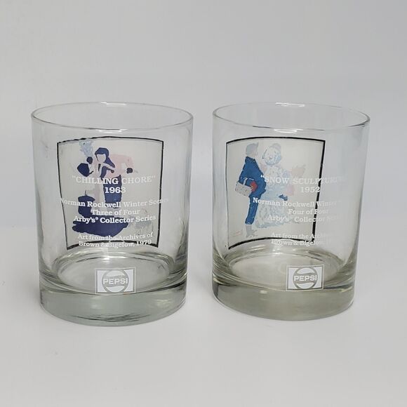 2 Arby's Pepsi Norman Rockwell Collectible Glasses Winter Scene 3 of 4 & 4 of 4 - Picture 2 of 6
